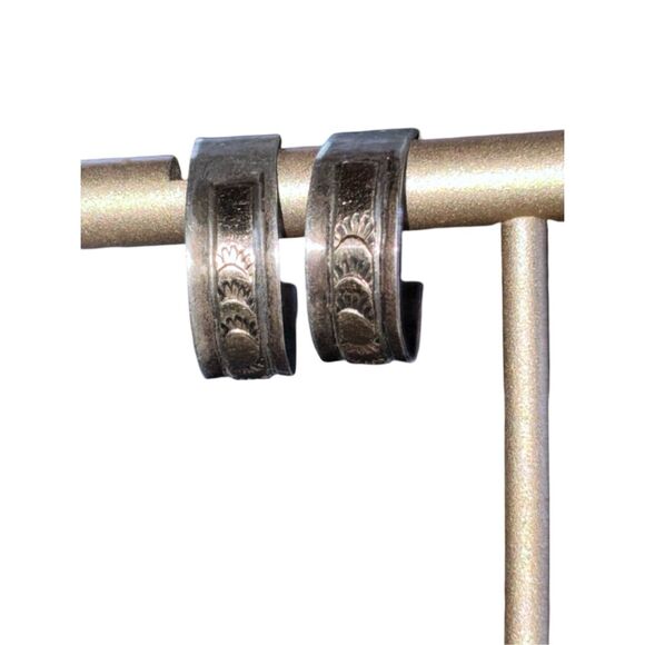 12k Gold Filled Half Hoop Etched Sunbeam Earrings - Picture 9 of 11